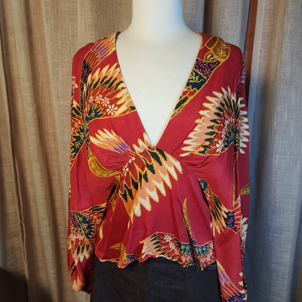FARM Rio Womens L Bird Print Blouse Red Deep V Balloon Sleeve Boho